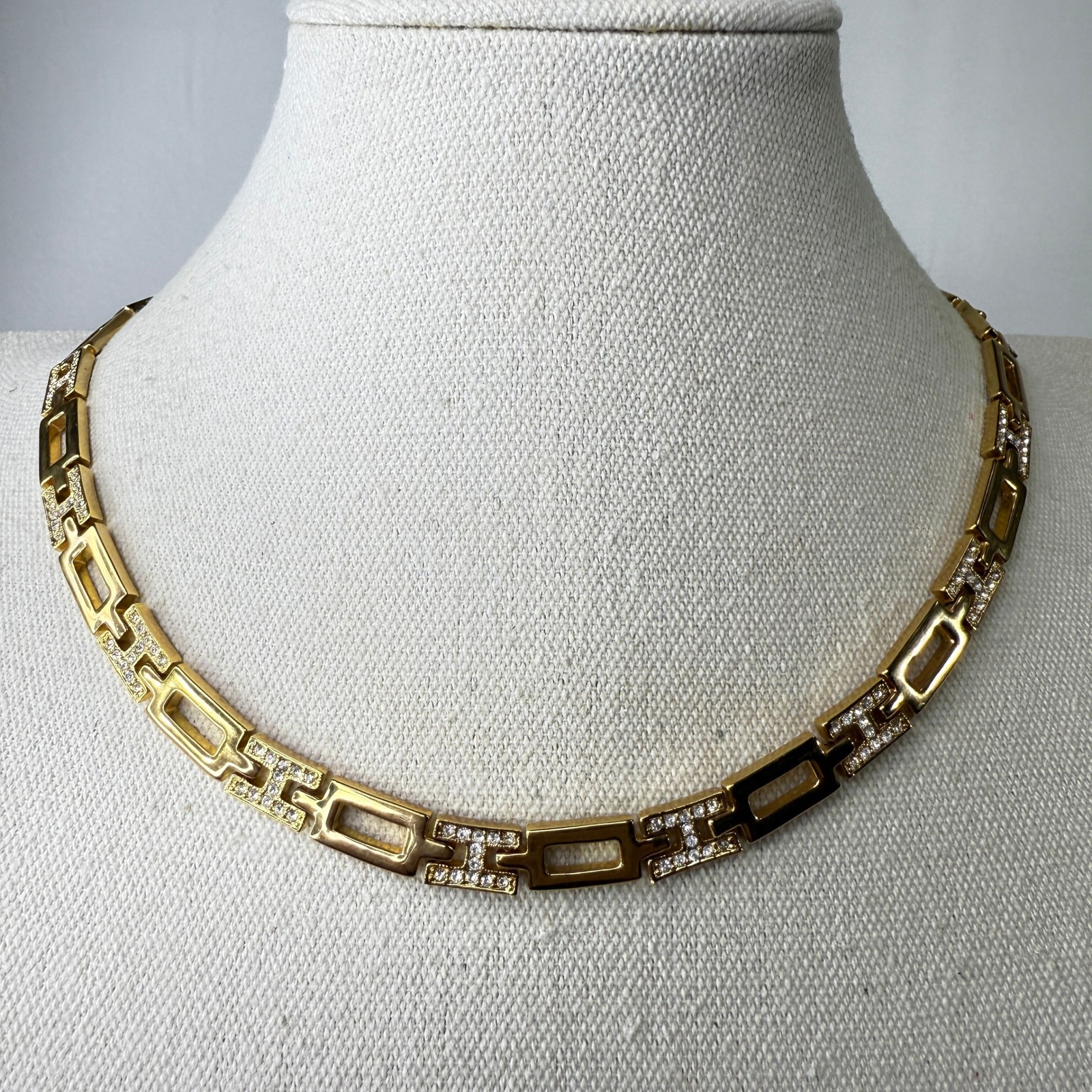 Lady Remington Link Necklace With Rhinestones Statement Gold Tone Vintage
